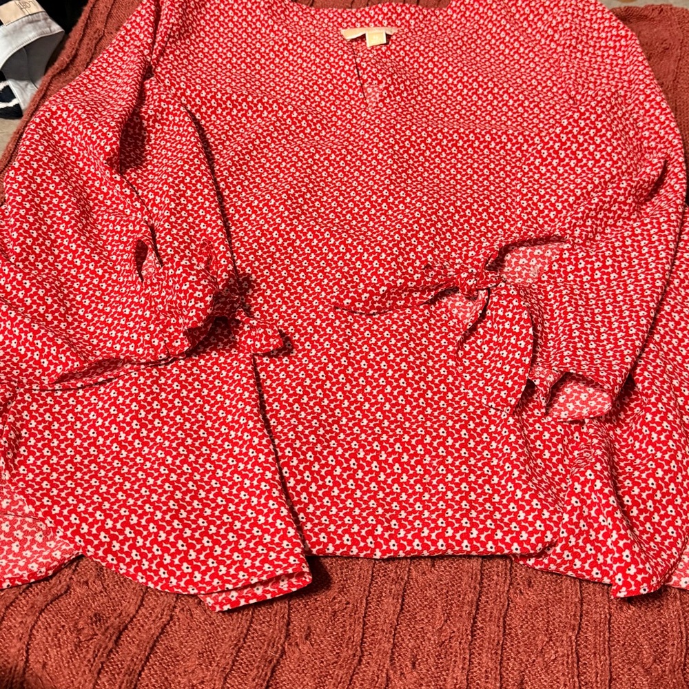 Michael Kors Red Floral Print Long-Sleeve Blouse